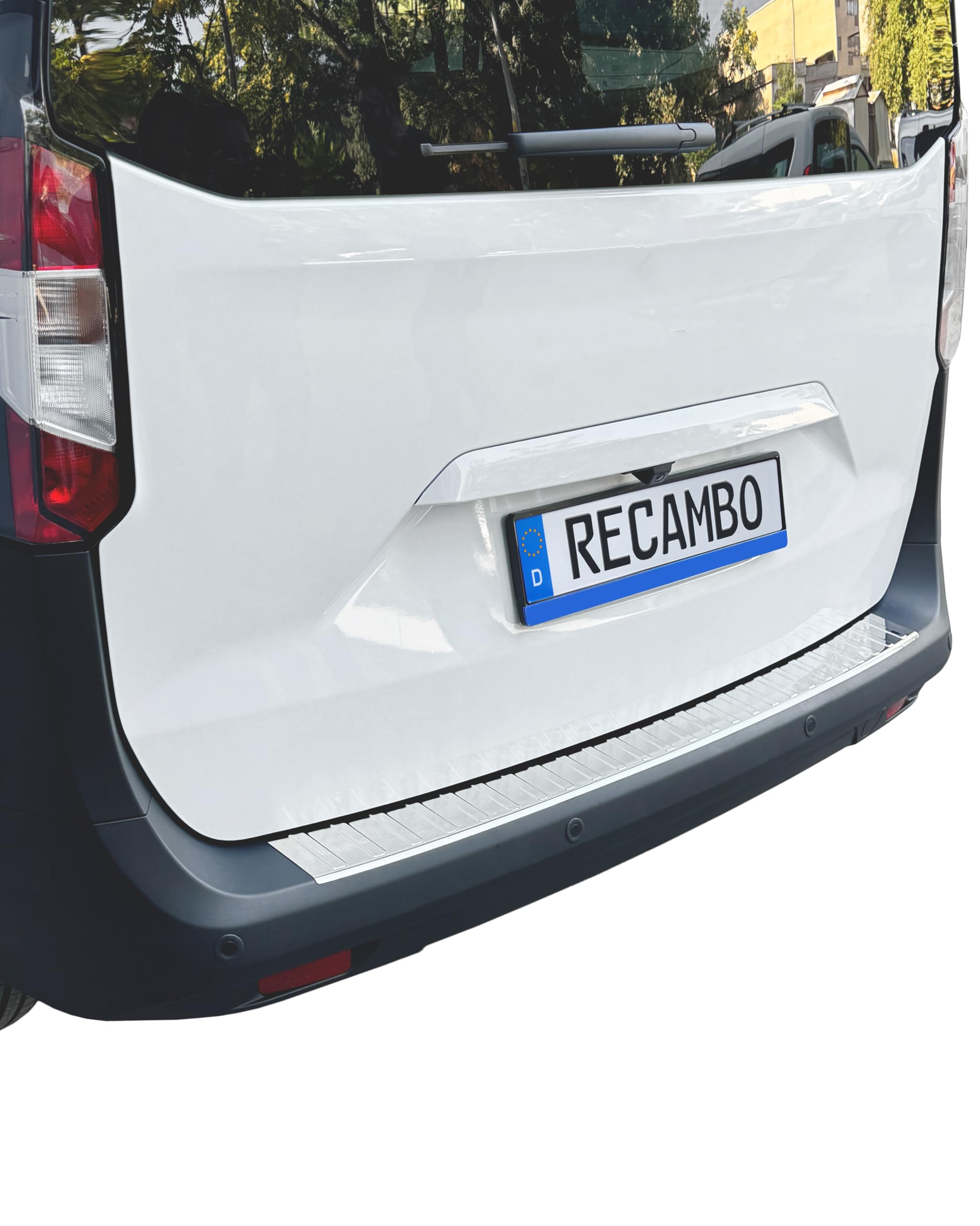 RECAMBO Edelstahl Ladekantenschutz - passend für Ford Transit Courier | BJ ab 2023 - polierte Chrom-Schutzleiste für die Stoßstange mit glatter Oberfläche & Klebemontage