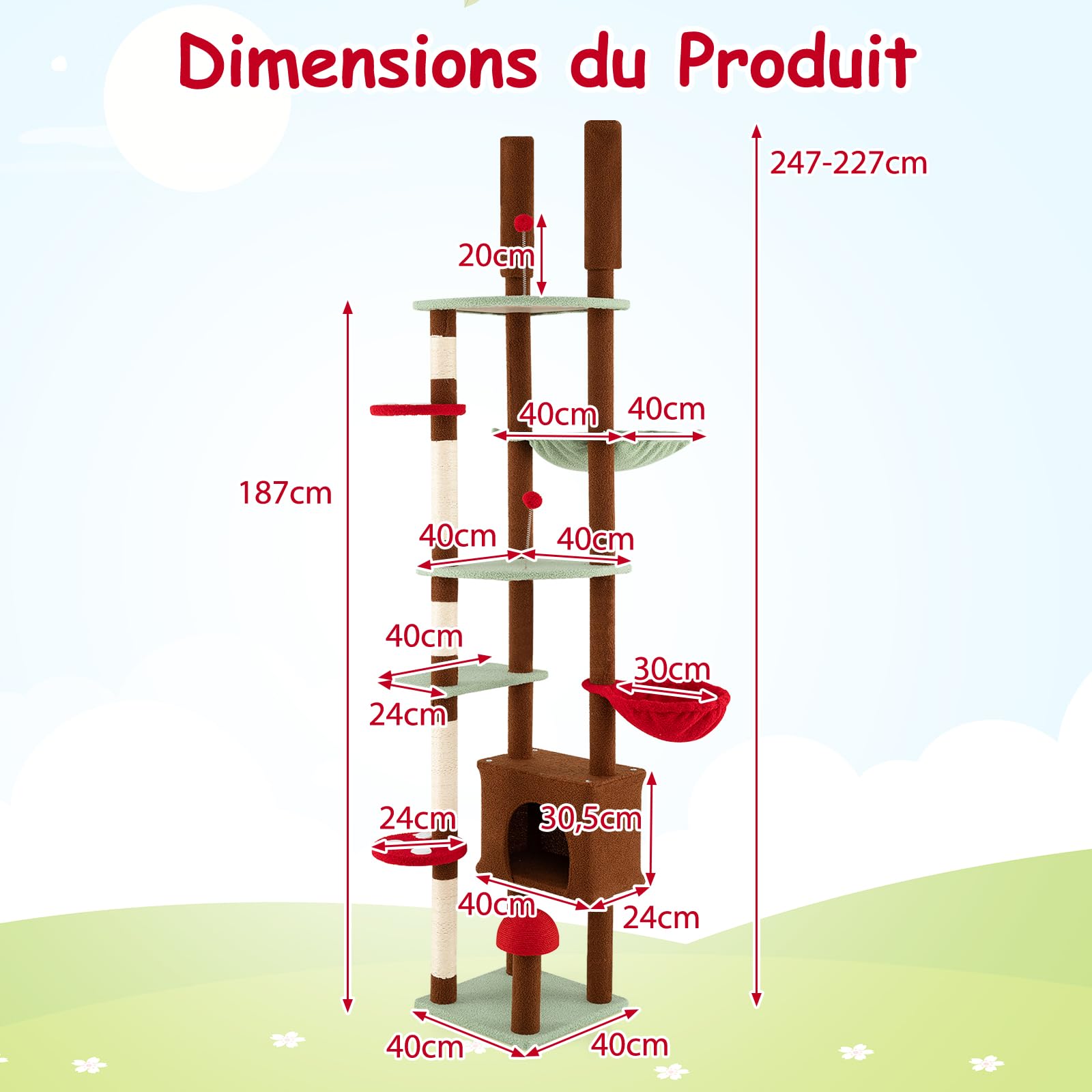 COSTWAY Arbre a Chat Plafond, H207-237 cm/247-277 cm Réglable, Arbre a Chat Design XXL, 6 Plateformes, 6 Poteaux à Griffer en Sisal, Condo, Panier, Hamac, 2 Pompons (207-237 cm/247-277 cm,Multicolore)