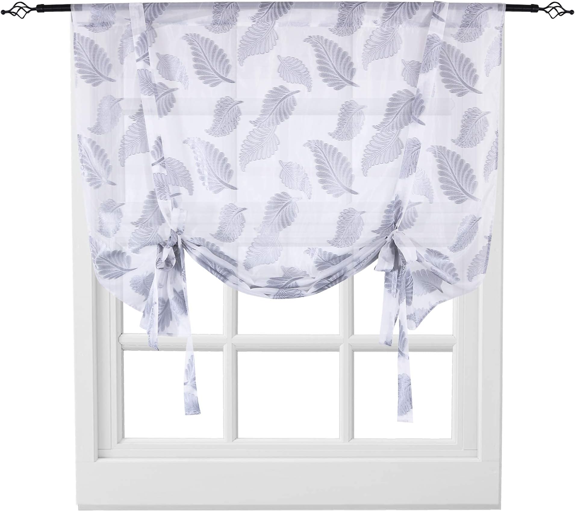 KEQIAOSUOCAI Sheer Tie Up Curtains Leaves Jacquard Rod Pocket Short Balloon Shades for Window Kitchen Sheer Valance 1 Panel Curtain 52 by 63 Inches Long Grey