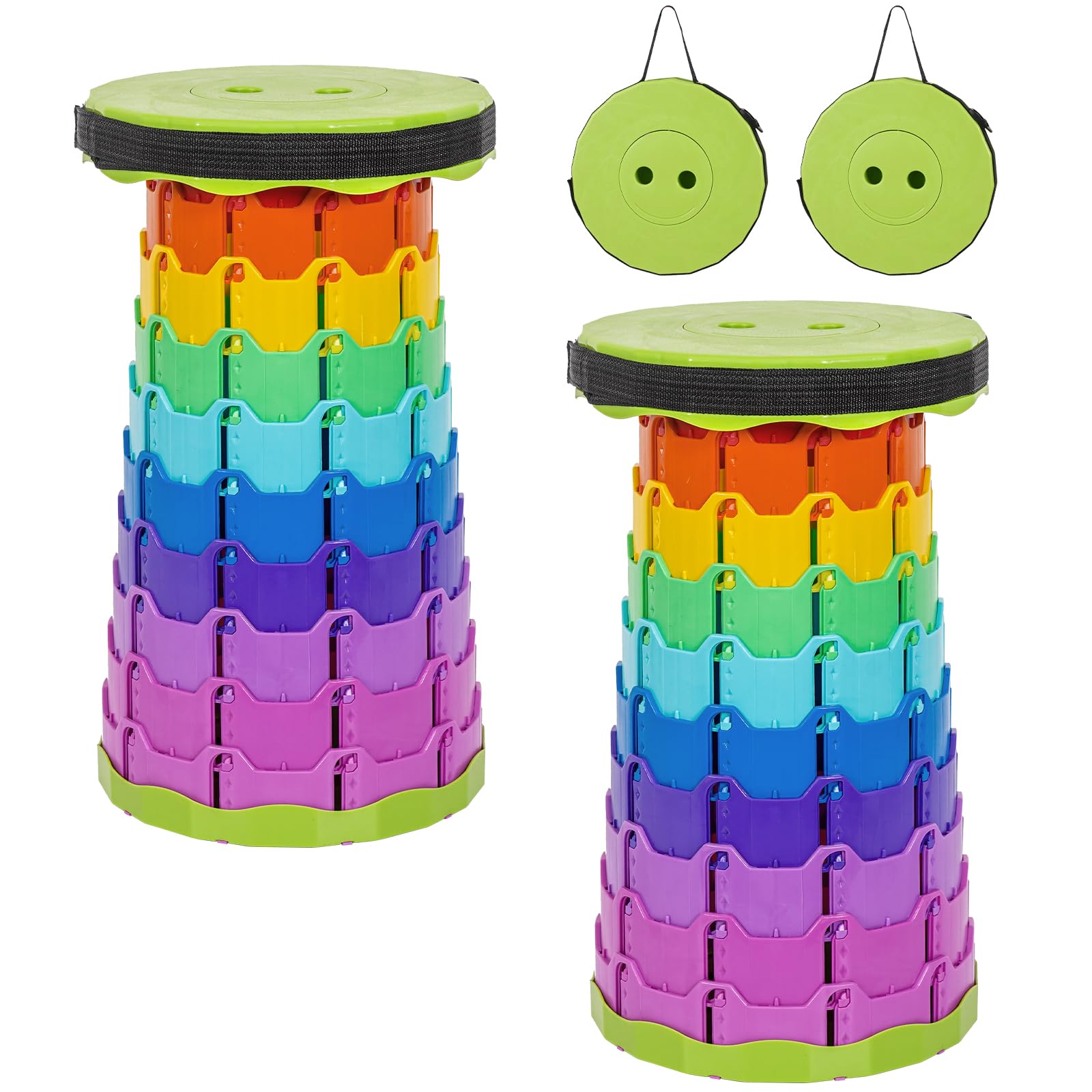 2 Pack Folding Stool with Soft Cushion, 45cm Extra Tall Telescopic Stool Heavy Duty 181kg (28.5 Stone) Load, Portable Collapsible Stools for Adults Fishing Camping Gardening Hiking BBQ - Rainbow-Green