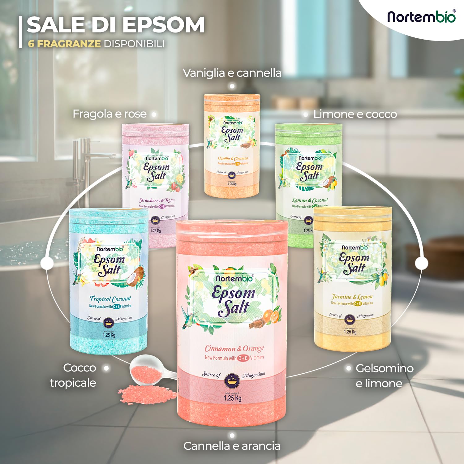 Nortembio Sali di Epsom 100% Fragranza Fragola e Rose 6 kg – Fonte Naturale di Magnesio | Con Vitamina C ed E Idratante | Per Bagni Rilassanti, Spa e Cura della Pelle + E-Book Gratuito