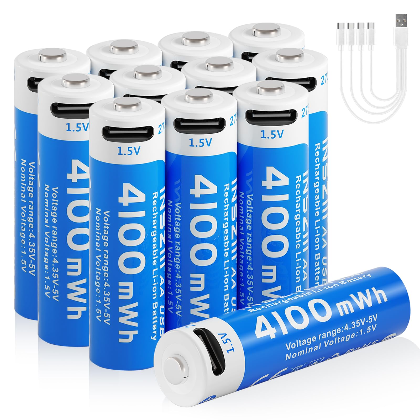 insziii 4100mWh Lithium Batteries AA Rechargeable 12 Pack, 1.5V Double A Li-ion Batteries with 4-in-1 USB-C Charging Cable, Long Lasting 1200 Cycles, High Capacity Battery for Toys, Smart Door Lock