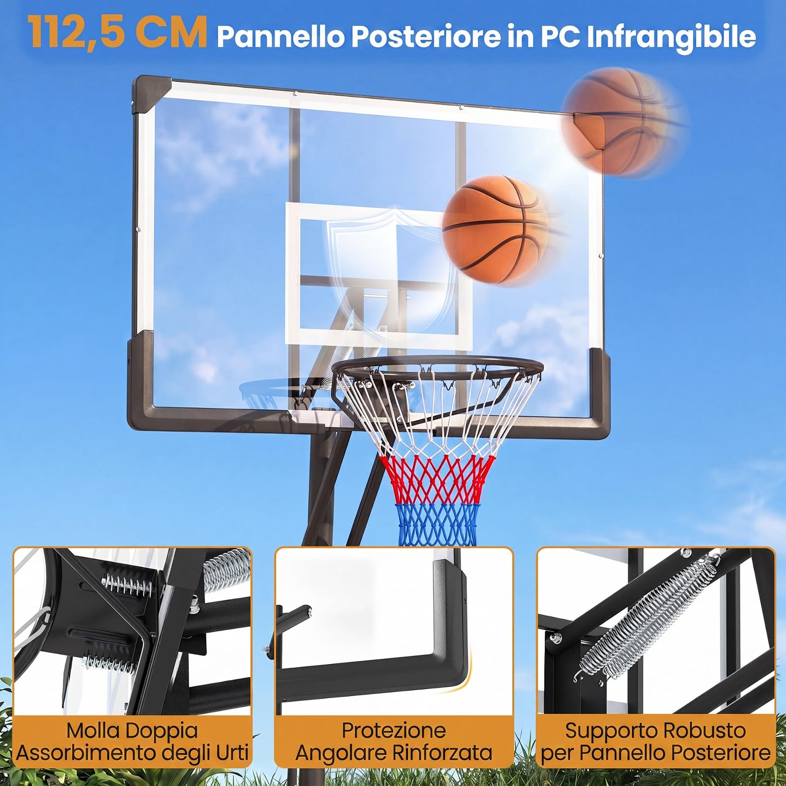 COSTWAY Canestro Basket da Esterno, Canestro da Basket Professionale con Altezza Regolabile 245-305 cm, Portatile con Ruote, Base Riempibile, Sistema di Ritorno e Tabellone Infrangibile | Altezza Regolazione a 5 Livelli 245-305 cm, Base Riempibile, Tabell