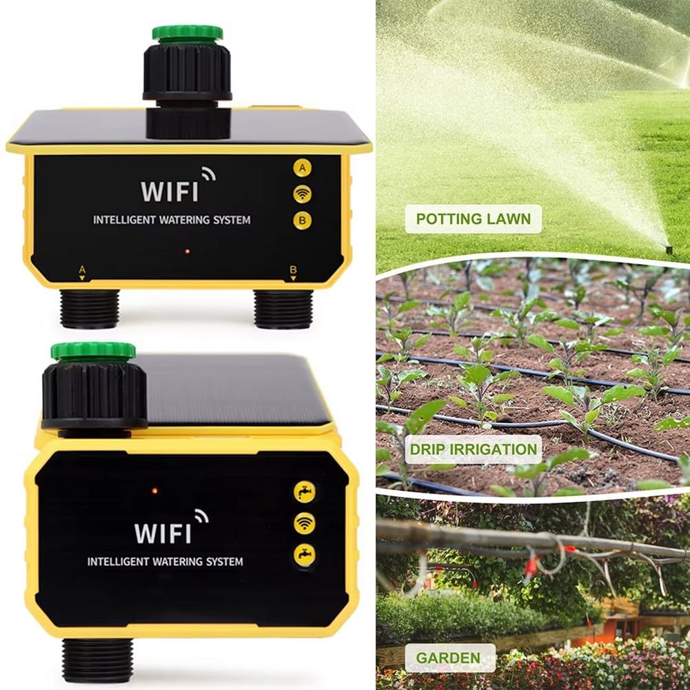 Sistema di irrigazione a energia solare WiFi con controllo intelligente tramite app, programma di irrigazione automatico, sensore di pioggia, ricarica USB per giardino, prato, serra (1 presa)