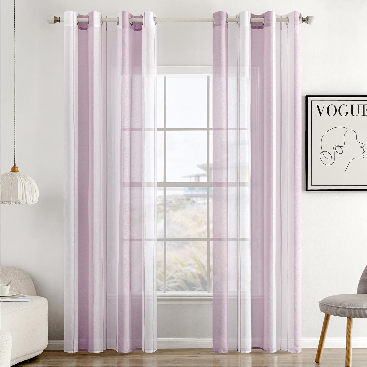 MIULEE Cortinas Salon Modernas con Rayas Blanco y Lavanda, Bonitas Cortinas Dormitorio Juvenil con Ojales, Translucidas Visillos para Ventanas Habitacion, Visillos Salón 2 Piezas, 2X A140xL225CM