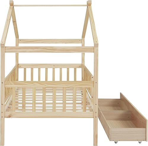Miniatura 6 de Merax Cama de Casa de Madera Tamaño Individual con Dos Cajones, Marco de Cama de Madera con Techo y Barandilla de Seguridad para Niños,