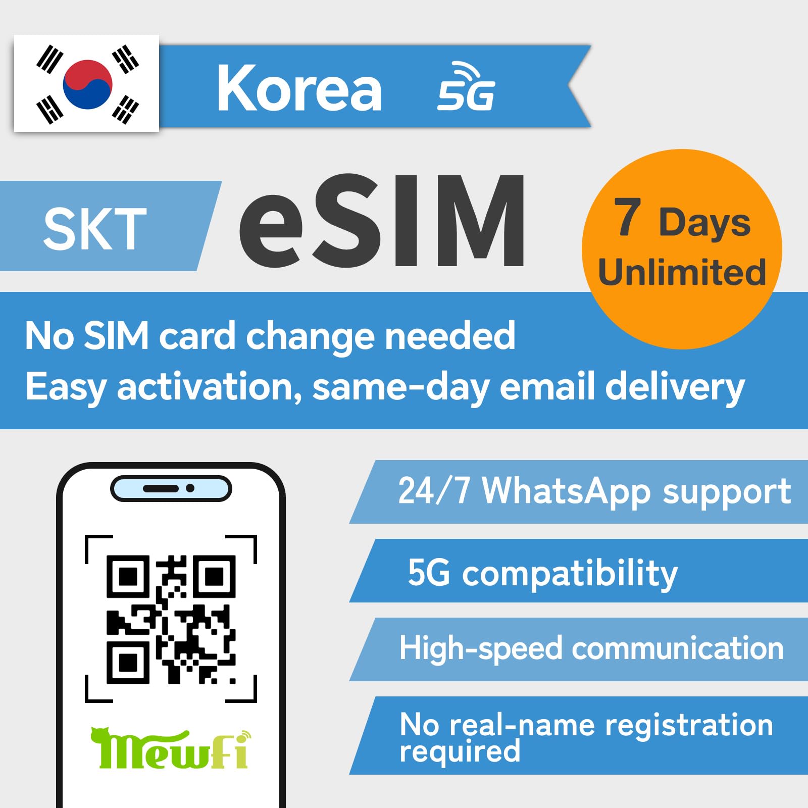 Unlimited Data eSIM for Korea Travel -Easy Activation & 24/7 Whatsapp Support -5G, Support Google, Ins, Twitter..., for eSIM Compatible Unlocked Phones