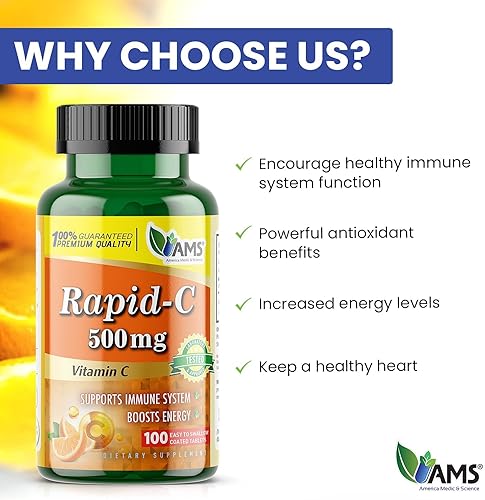 Miniatura 6 de America Medic & Science Rapid-C - Suplemento de vitamina C de 500 mg (paquete de 3 100 tabletas), refuerzo de energía, apoyo diario del sistema