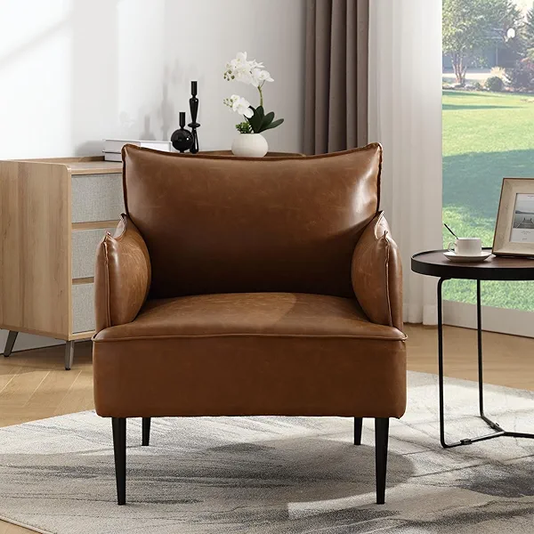 COMULER Mid Century Modern Accent Chair Armchair, Brown PU Leather Living Room Chair Sofa Lounge Chair with Metal Legs Reading Chair with Armrest for Bedroom Office Apartment