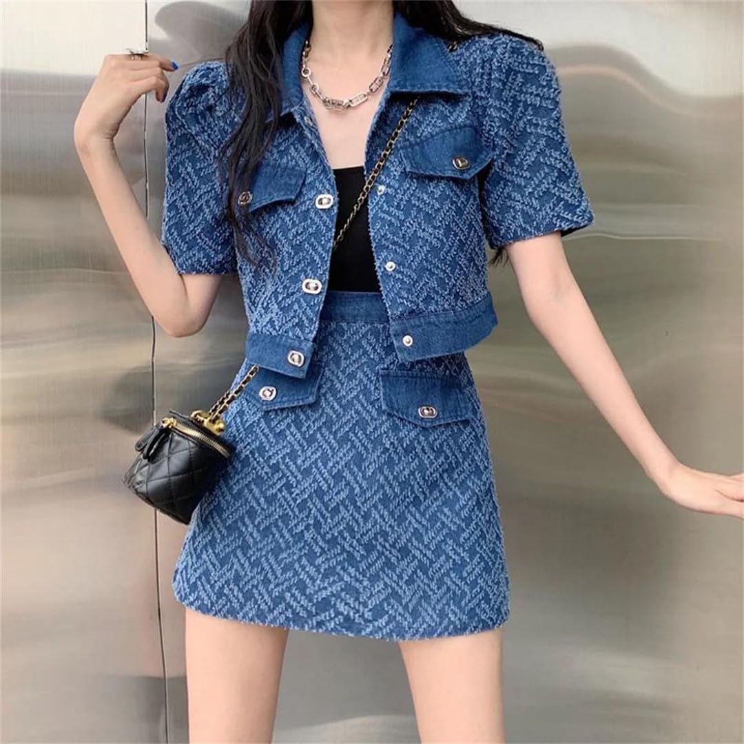 Women's Small Fragrant Style Denim Skirt Suit Skirts 2 Pieces Sets Outfits Two-Piece Outfit Set