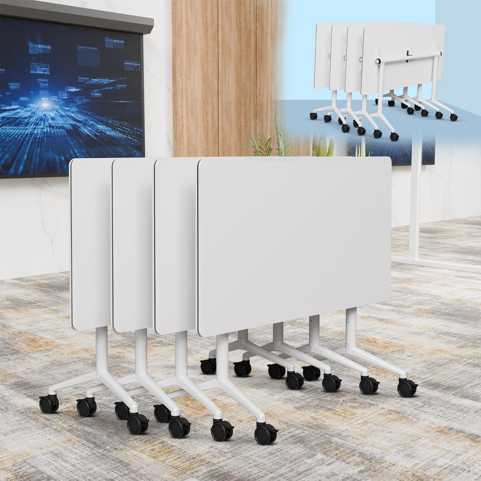 6-8 Person Conference Table Folding Conference Table for Office,Training, Seminar,Schools Modern Wood Conference Meeting Room Table Large Rectangular Conference Room Tables (4, White, 47in)