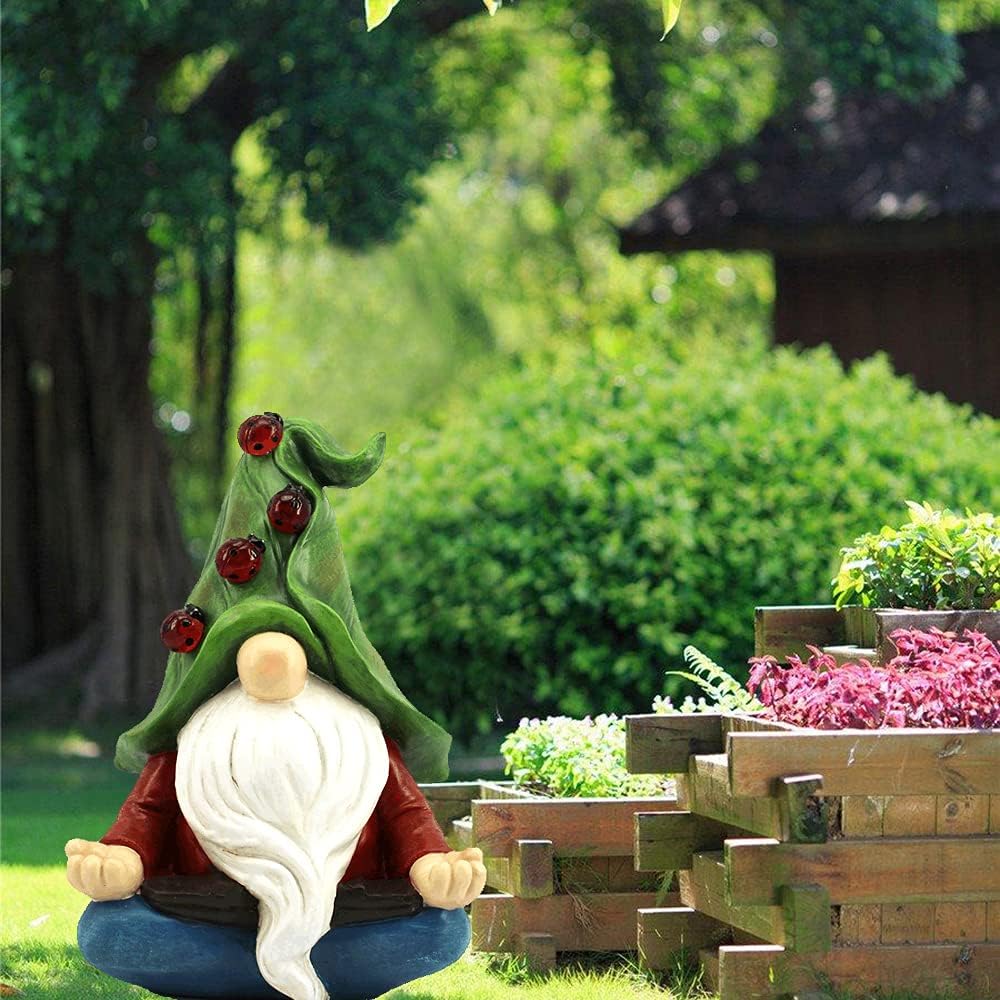 Garden Gnome Statue,Resin Outdoor Gnomes Statues Decor Carrying 4 Ladybug with Solar LED Lights,Outside Summer Decorations for Patio Yard Porch Lawn,Ornament Gift : Patio, Lawn & Garden