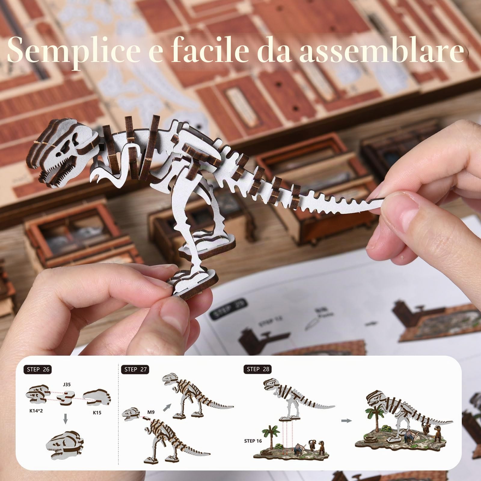 Book Nook Kit-(Tema Dinosauri) Modello in miniatura del Museo dei Fossili, puzzle in legno 3D fai da te con LED, set fai da te per adulti, Idea Regalo Creativa,decorazione per libreria