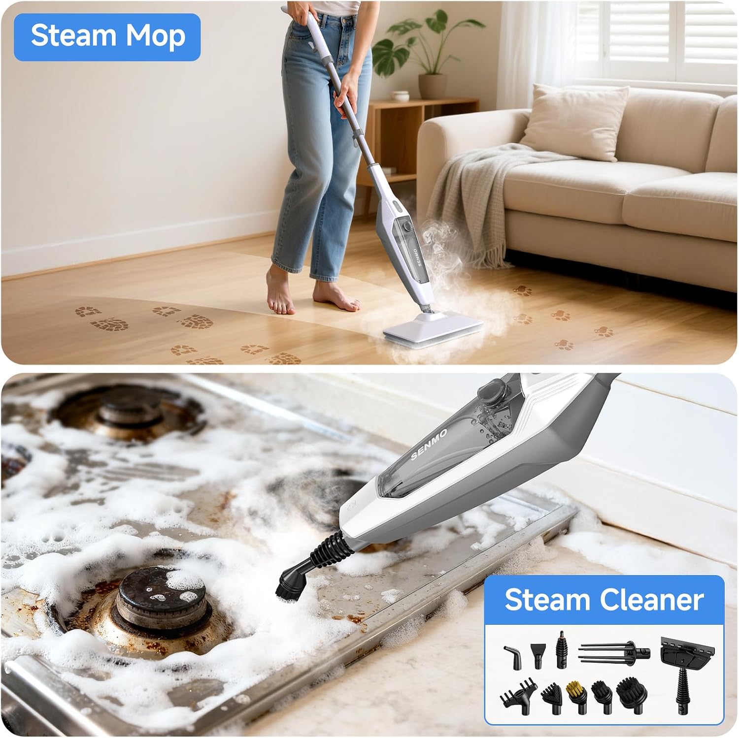 SENMO Steam Mop, 14-in-1 Detachable Steam Cleaner for Home and Floor, 1300W 228°F Deep Cleaning MultiPurpose Floor Steamer with 14 Attachments for Hardwood Floors, Tile, Grout, Furniture, Carpet, Wall