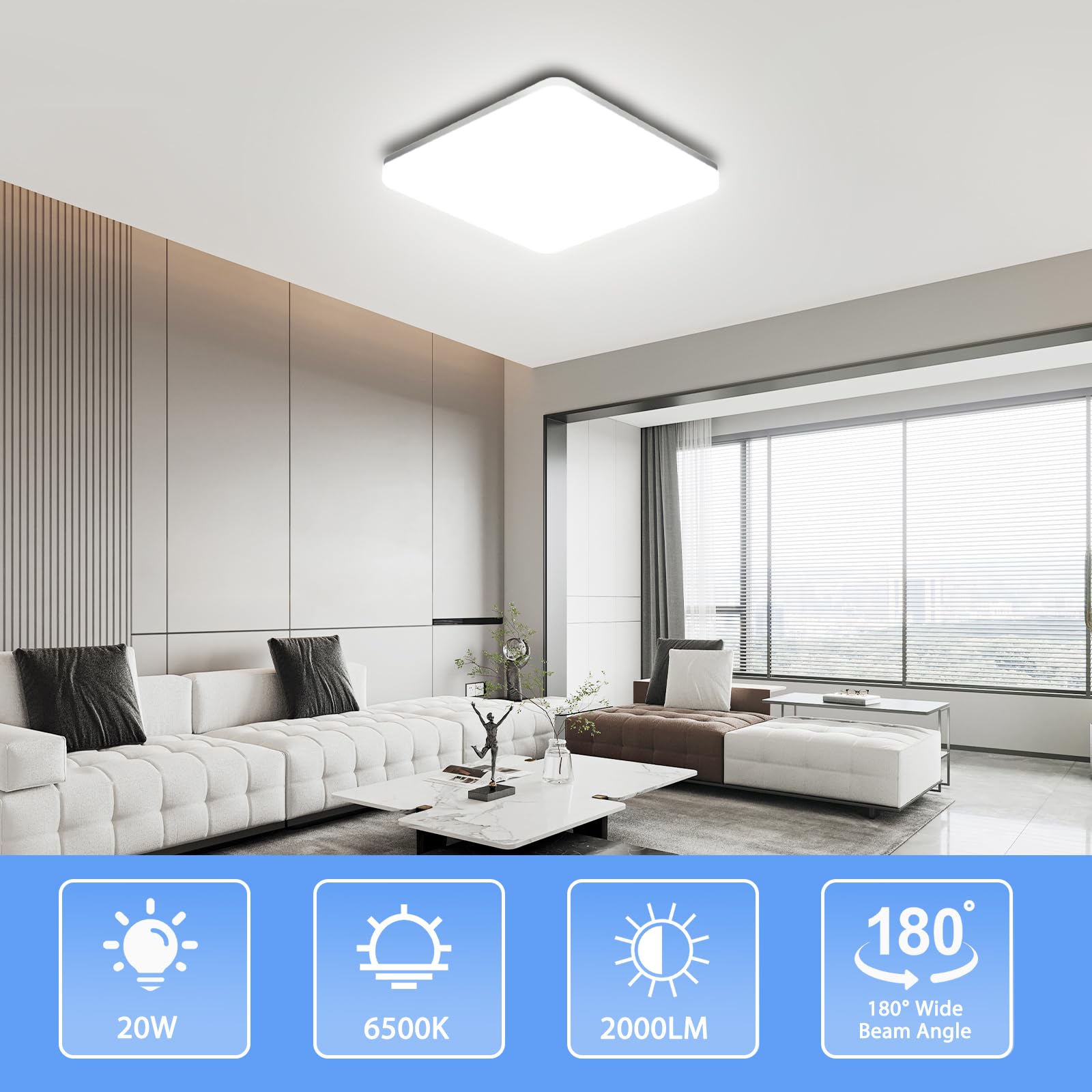 Plafoniera LED Soffitto Quadrata 20W, Lampada da Soffitto Moderno 6500K 2000LM Plafoniera Bagno IP44 Impermeabile Lampadario LED Luce Soffitto per Ufficio, Camera da Letto, Cucina, Soggiorno, Balcone
