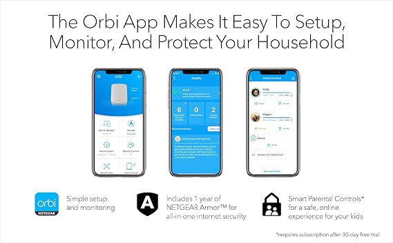 NETGEAR Orbi Whole Home Tri-Band Mesh WiFi 6 System (RBK753S) with 1-Year NETGEAR Armor Internet Security Router with 2 Satellite Extenders | Coverage up to 7,500 sq.ft, 40 Devices | 4.2Gbps