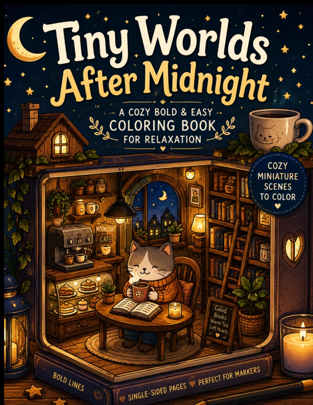 Tiny Worlds After Midnight: A Cozy Bold & Easy Coloring Book for Adults Featuring Tiny Cafés, Rainy Bookstores, Magical Rooms, Forest Shops, and Relaxing Miniature Worlds