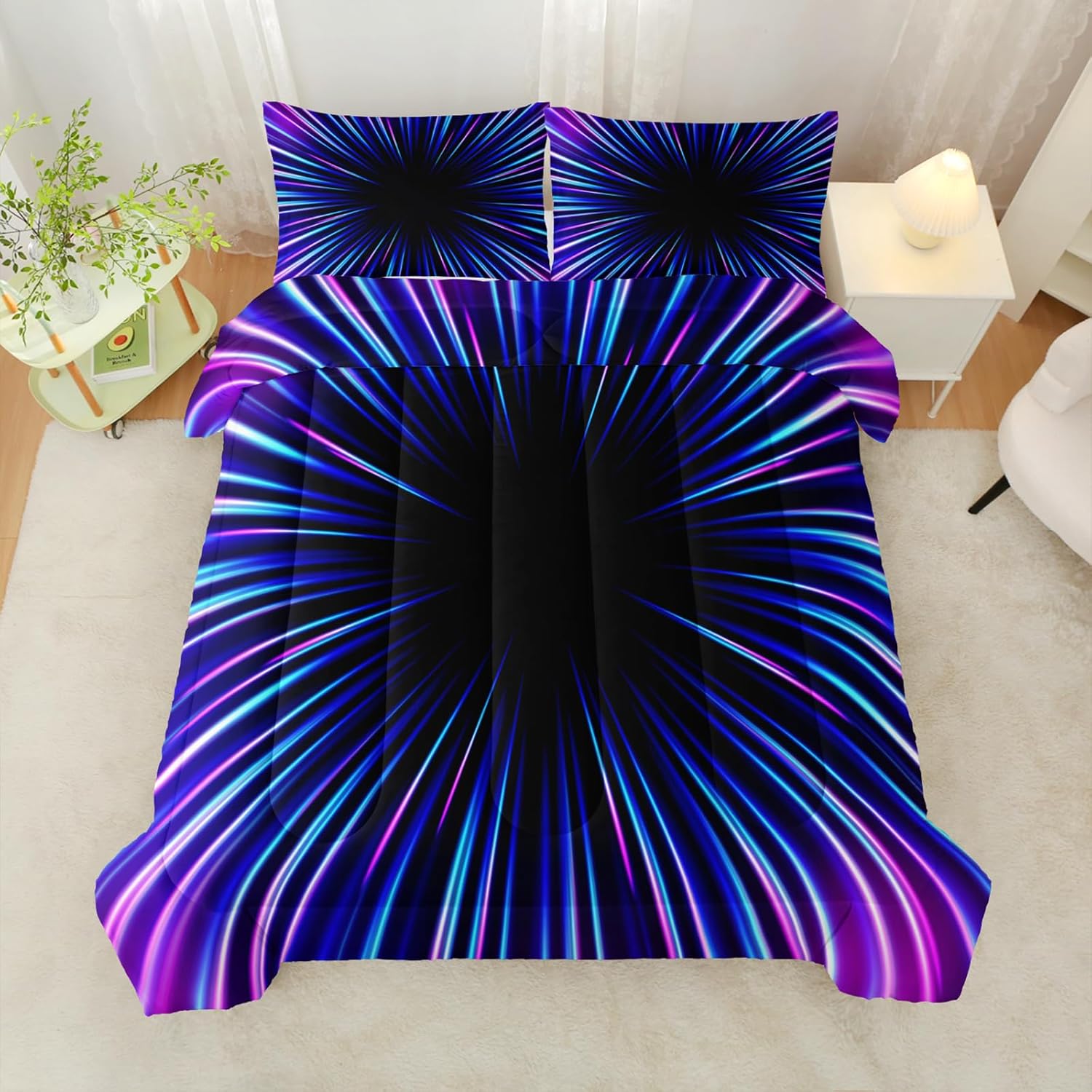 QOOMO 3D Abstract Neon Lines Kids Comforter Set,Colored Neon Fireworks Vortex Boys Full Size Bedding Set,Modern Bedding Geometry Decor,Microfiber Lightweight 1 Comforter 2 Pillowcases All Season