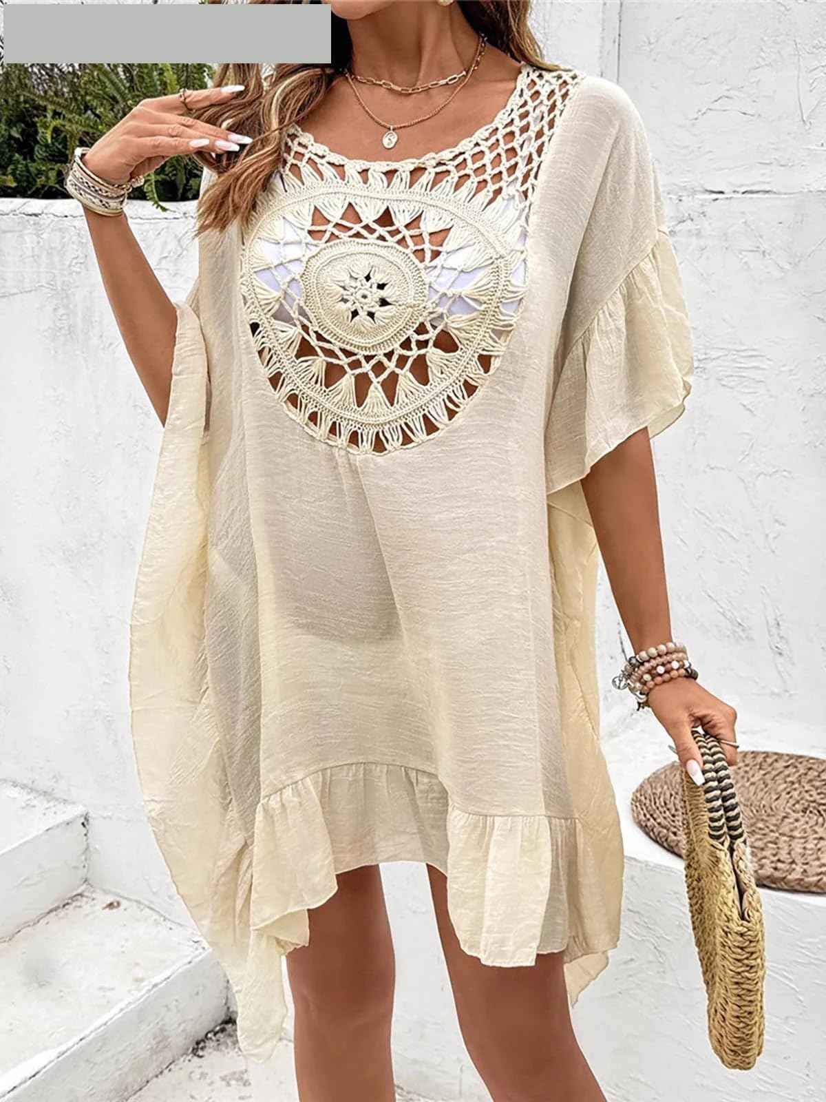 Paréo Robe de Plage Tunique ajourée à Manches Courtes, vêtements, Cover-Up pour Piscine