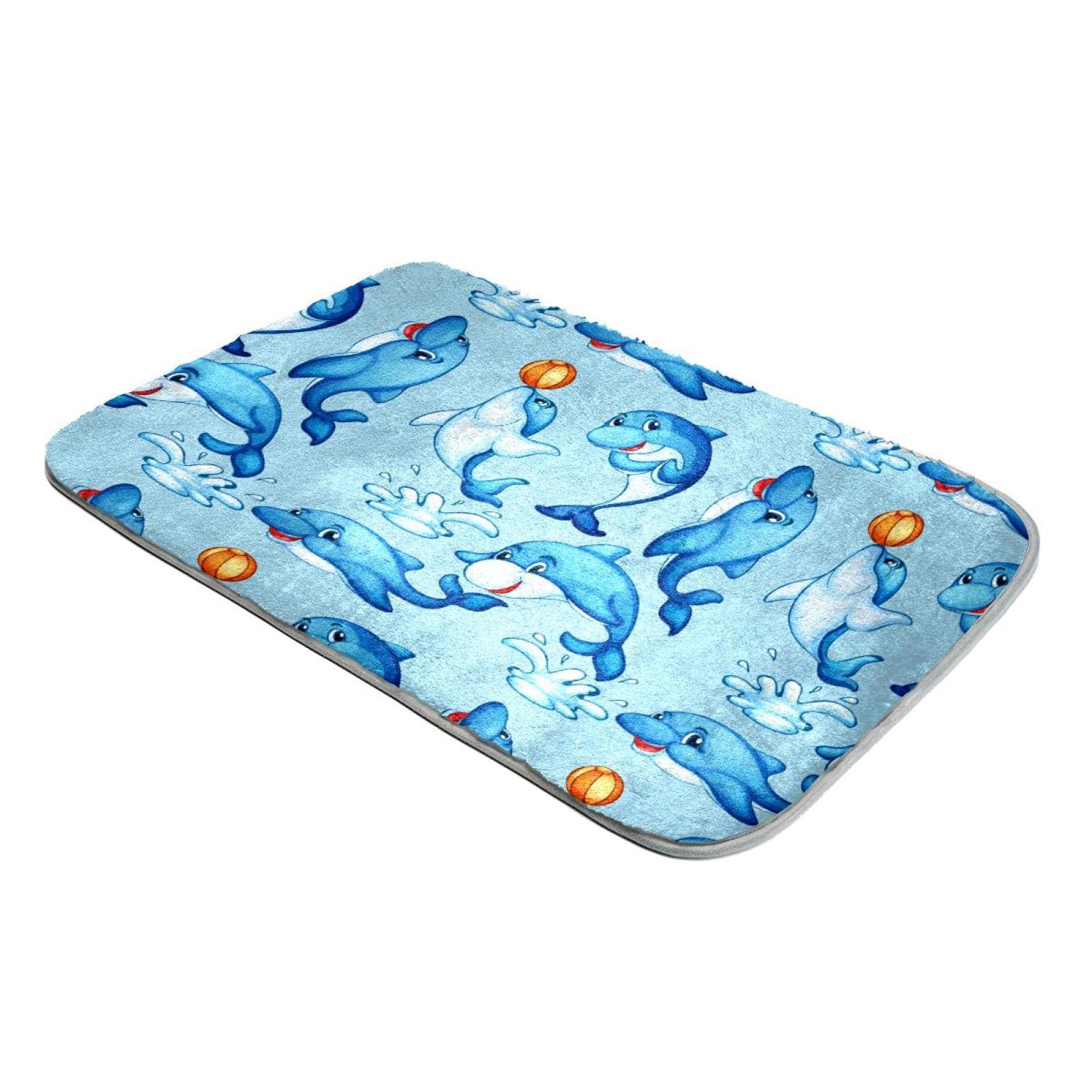 Tapis à poils longs ultra doux et isolant motif dauphins bleus