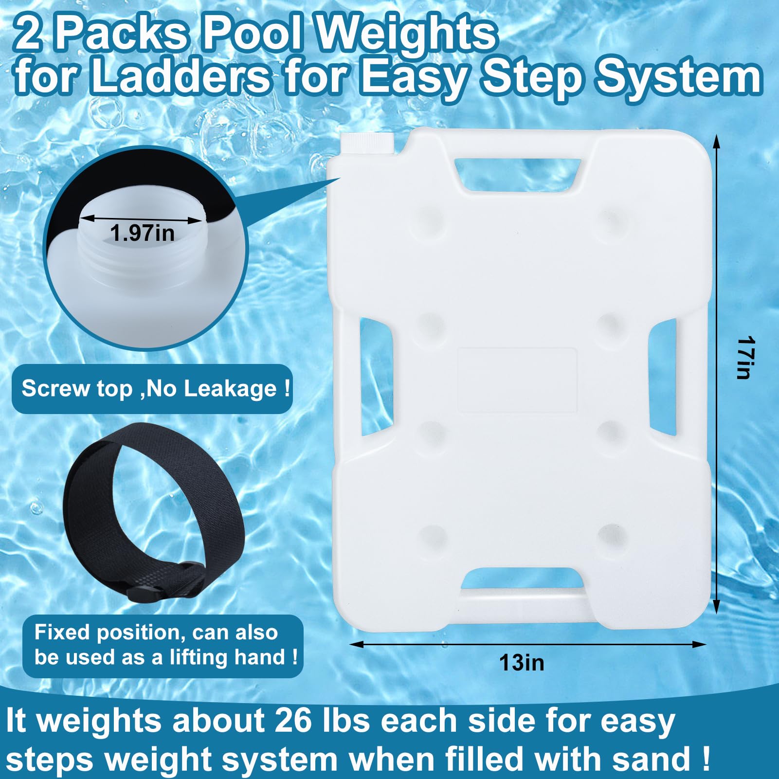 Paquete de 2 pesas de escalera de piscina para piscinas sobre el suelo, pesas de plástico extraíbles para escalones, contenedor de anclaje, bolsa de arena con 8 correas de gancho y bucle que soportan