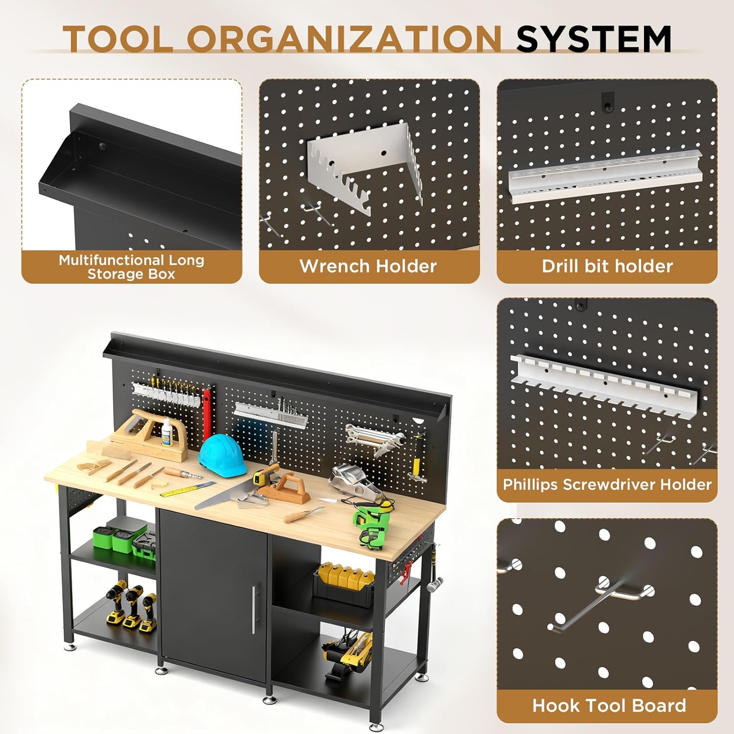 60 Inch Heavy Duty Workbench with Storage Cabinet, Solid Wood Top, 2000 lbs Capacity, Garage Work Table with Pegboard, Power Outlet, Leveling Feet, Black