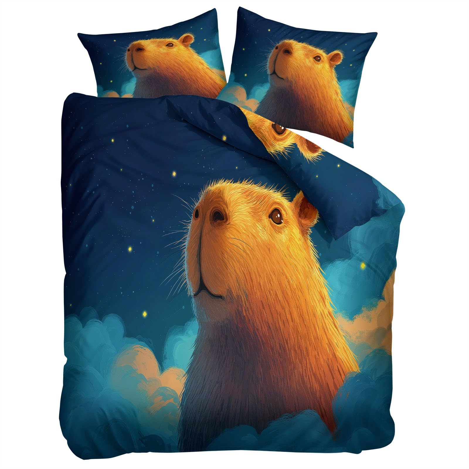 Generisch Capybara Pościel 200 x 200 cm, 3-częściowa, słodkie kreskówki zwierzęta, poszewka na kołdrę i 2 poszewki na poduszkę 80 x 80 cm, przytulna, niebieska, pościel z zamkiem błyskawicznym