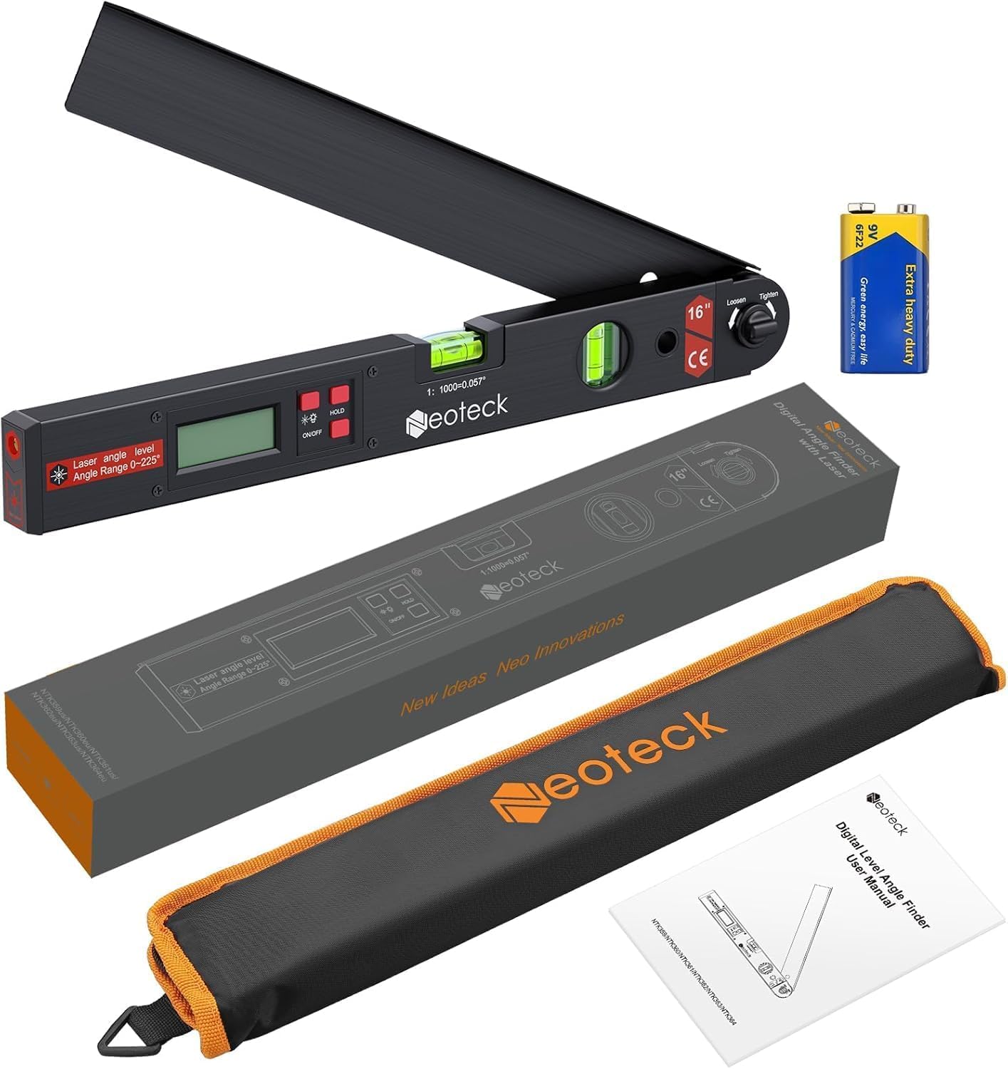 Neoteck Rapporteur d’Angle Laser 225° – Outil de Mesure d’Angle Numérique Précision ±0,5°, Règle d’Angle Aluminium avec Laser de Guidage, HOLD & Verrouillage, Bricolage, Menuiserie, Chantier - Noir