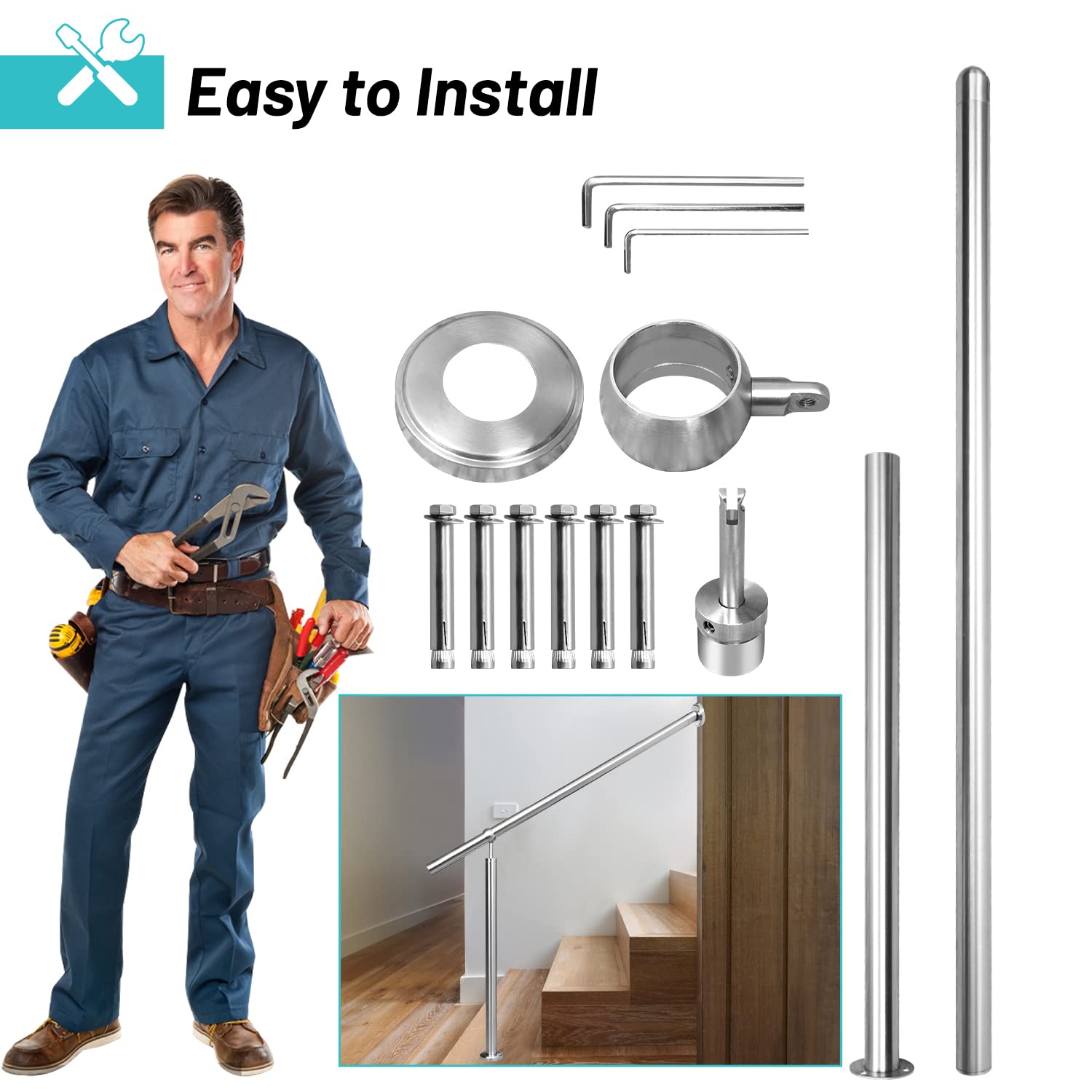 Randaco Barandilla de entrada de acero inoxidable de 80 cm, pasamanos para interiores y exteriores, pasamanos de pared, ángulo de montaje lateral ajustable