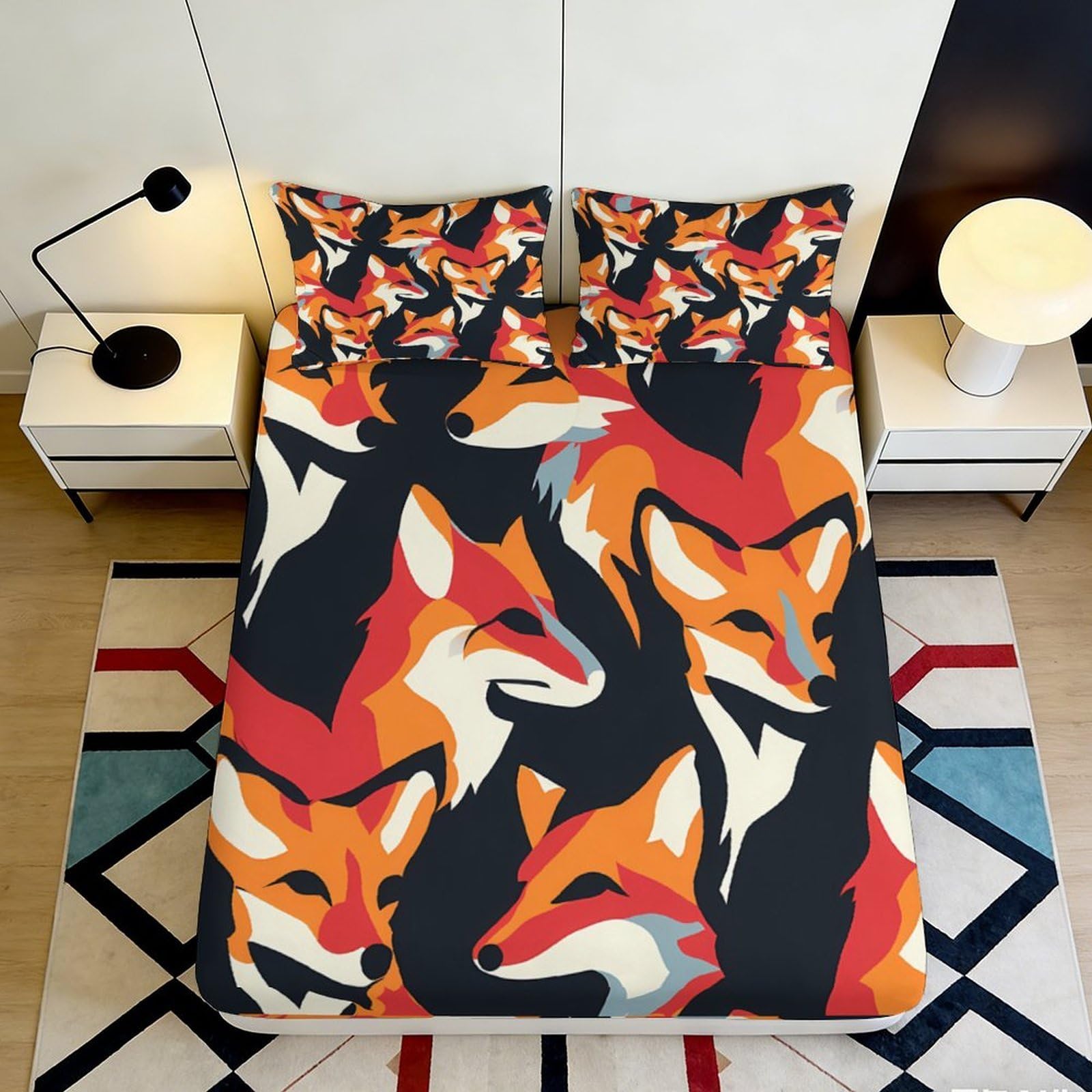 3D Printed Fox Pattern Fitted Sheet Microfiber Soft Anti-Slip Animal Art Mattress Cover for Bedroom Dorm Guest Room Decor 160x200x25cm