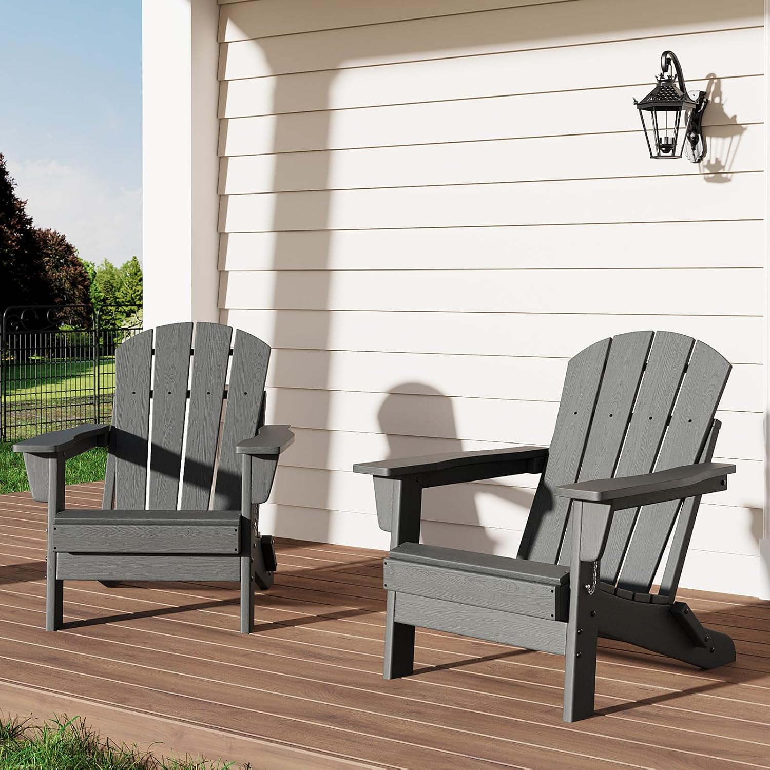 GarveeLife Folding Adirondack Chairs Set of 2, HDPE Plastic Outdoor Chairs with Wood Texture - 380 LBS & Weather Resistant for Fire Pit, Deck, Patio, Pool, Backyard - Gray