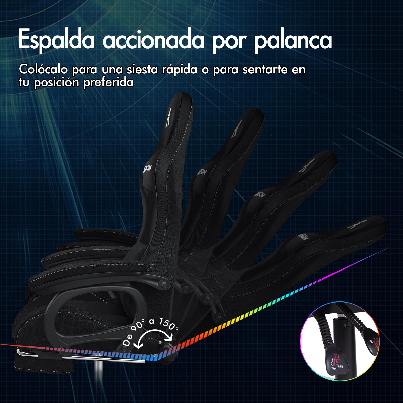 ALFORDSON Silla Gaming con Masaje y LED, Silla Gamer Ergonómica con Cojín Lumbar y Cervical, Reposapiés Telescópico, Iluminación para Ordenador, Videojuego, Juegos, Oficina, Lino(Negra)