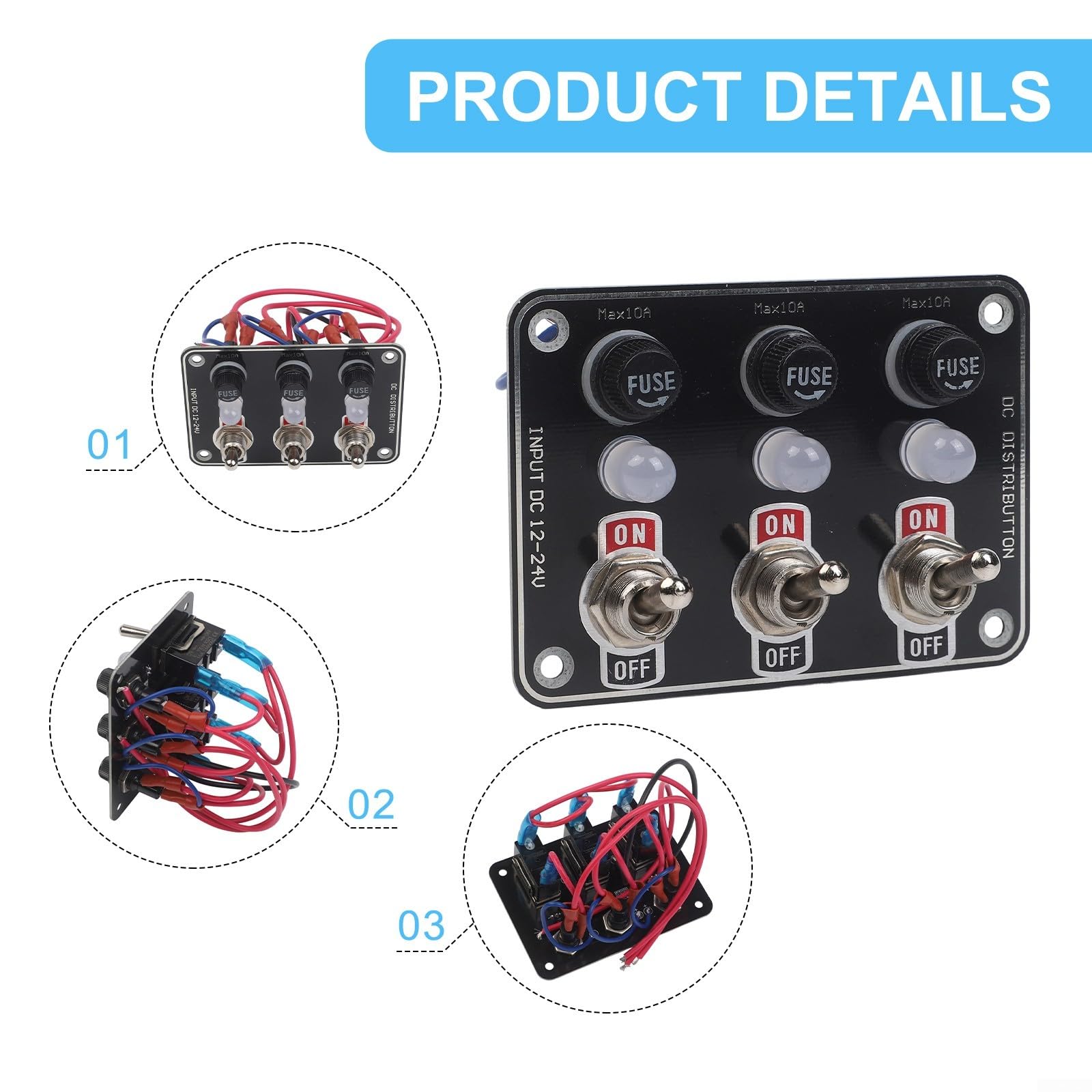 Pannello interruttori a bilanciere in metallo a 3 bande con scatola fusibili interruttore a LED per applicazioni marine e auto, impermeabile IP66 per sistemi di controllo elettrico da 12 V 24 V CC