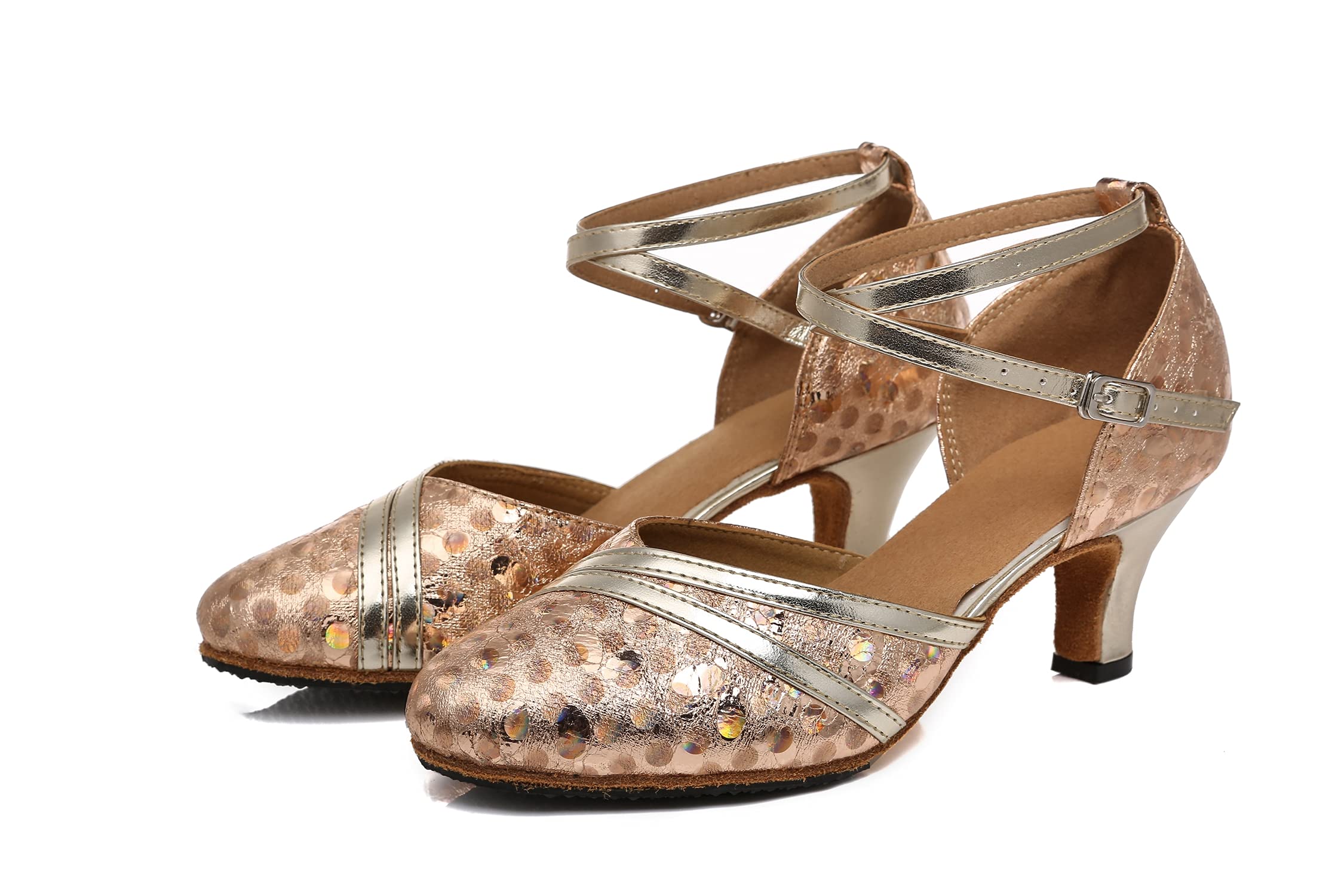 Minishion Comfortable Dance Shoes for Women Dots Mid Heel Practice Dancing Pumps L476 Bronze US 6