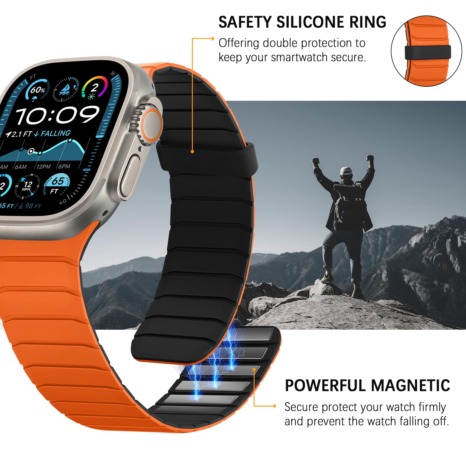 Sixmoat Cinturino Magnetico in Silicone Compatibile con Apple Watch 49mm 46mm 45mm 44mm 42mm per Uomo e Donna, Cinturini Sportivo e Leggero per Ultra SE Series 10 9 8 7 6 5 4 3, Arancione-Nero