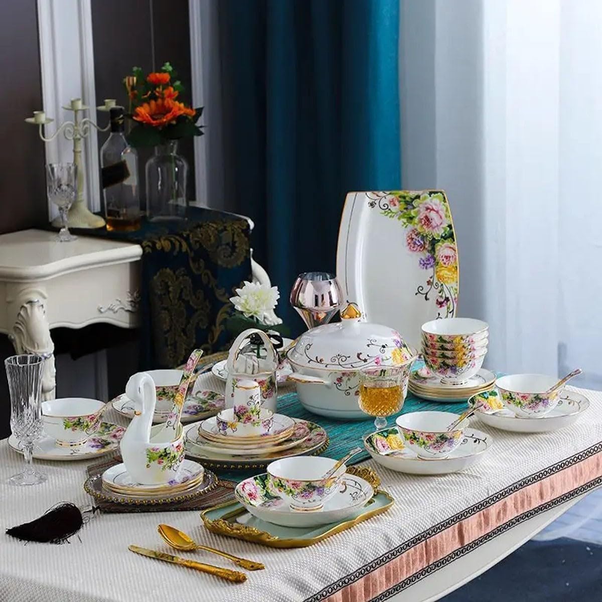 H3TF5J Zestaw stołowy europejskiego w stylu duszpasterskim, 60 sztuk kostki stołowej w Chinach, wytrzymałą porcelanę, wielofunkcyjna zastawa stołowa gospodarstwa domowego, prezent na parkiecie domowym