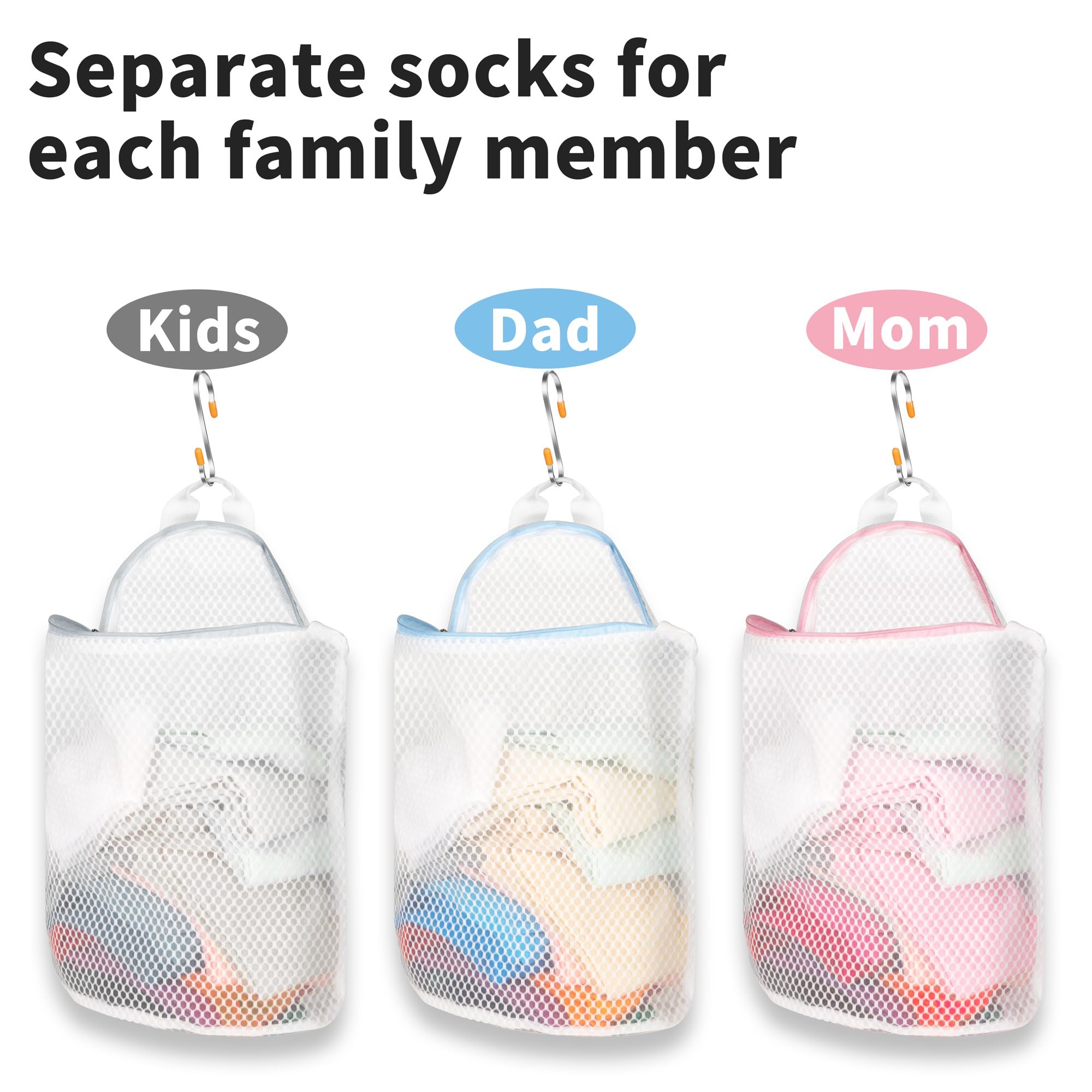 3Pcs Hanging Laundry Bags for Socks with S Hooks, 12 X 10 inch 3 Color Mesh Laundry Bags for Washing Machine