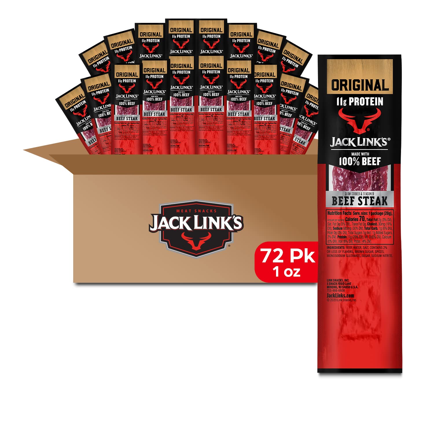 Jack Link'sPremium Cuts Beef Steak, Original – Protein Snacks, Meat Snack with 11g of Protein, Made with 100% Beef, Individually Wrapped Bulk Snack Pack for Break Rooms – 1 Oz. (72 Count)
