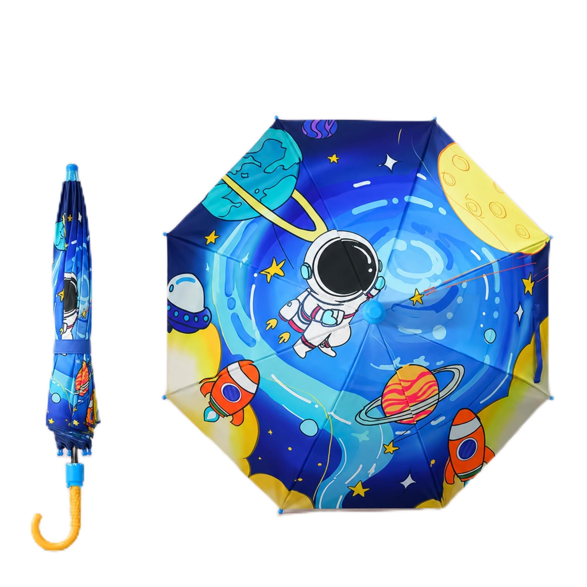 kraptick Kids Umbrella with Whistle & Rolling Wheel Tip | Space Astronaut Cartoon Print Rain Umbrella for Boys & Girls | Lightweight Windproof School Umbrella for Toddlers (Interstellar travel)-picture-10