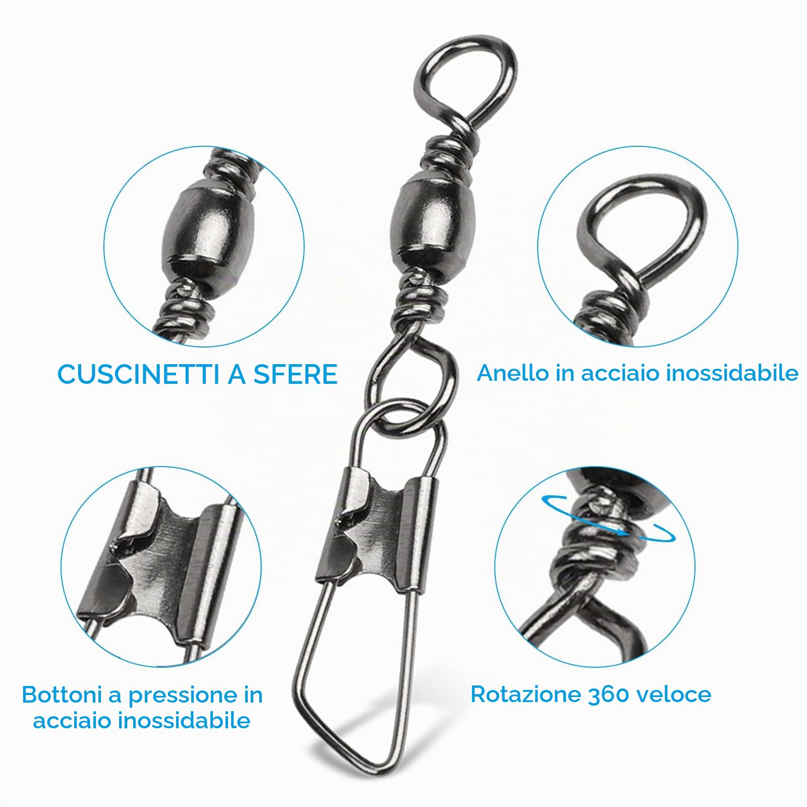 Realure 100/200 Pezzi Vortici Pesca Trota, Pesca Carabina Vortice, Pesca in Acciaio Inox con Moschettone, Esche da Pesca Vortice per Acqua Salata, Accessori da Pesca,5 Dimensioni 7/8/10/12/14#