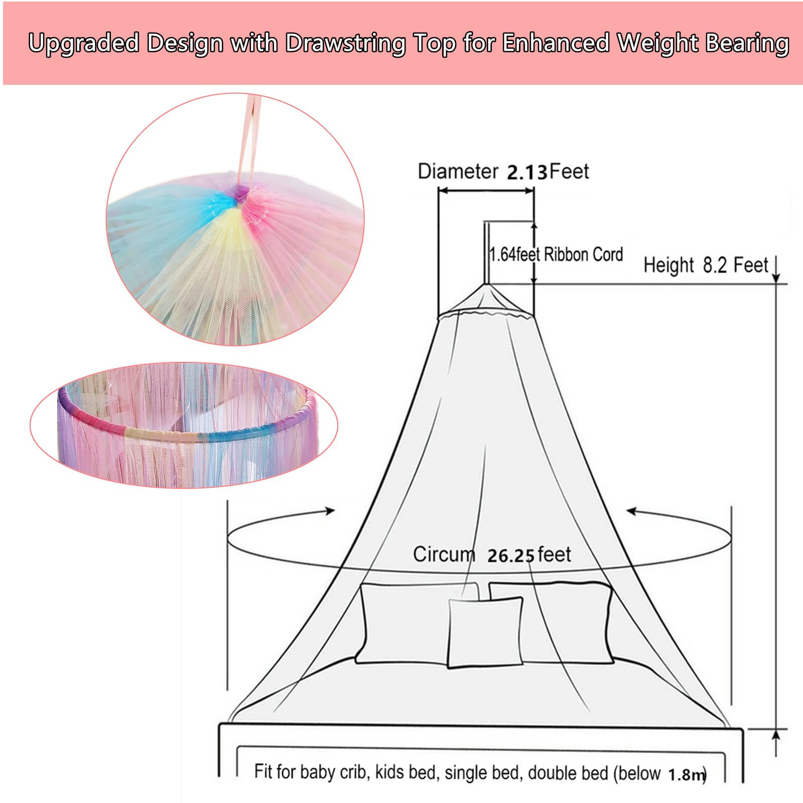 Principessa baldacchino letto con 250pcs luci bianche calde tenda, baldacchino letto arcobaleno per le ragazze camera decorazione o festa a tema unicorno