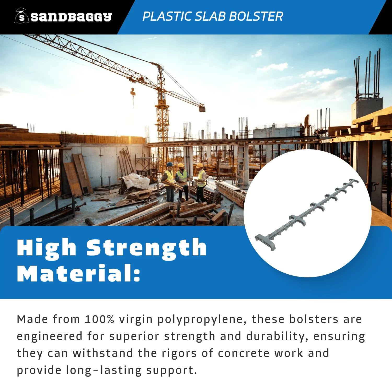 Sandbaggy Plastic Slab Bolster - Continuous Rebar Support Chair - Snap & Lock Ends, Flexible Design - 29 Rebar Capacity (100, 3/4 in x 2.5 ft (H x L))