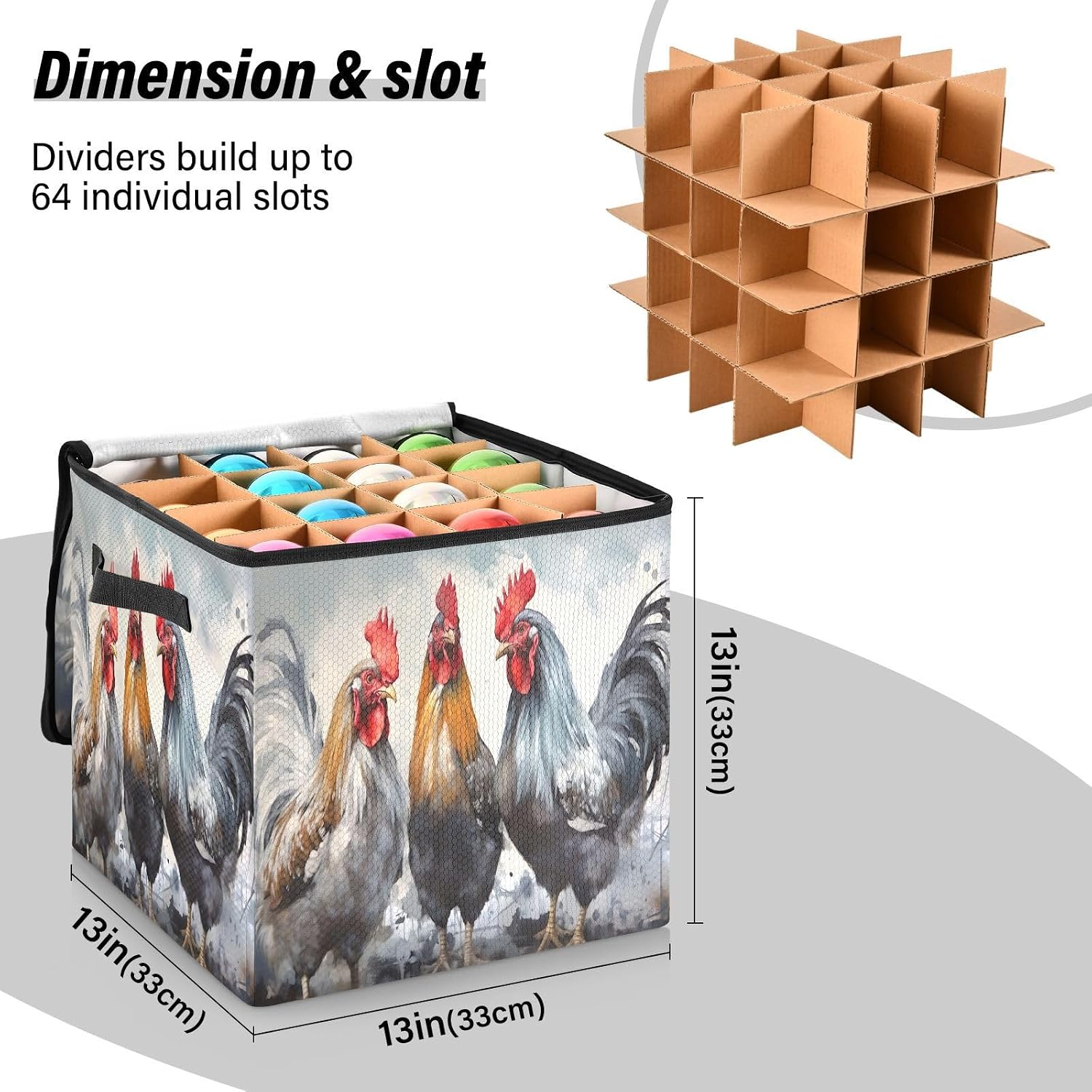 Colorful Chicken Drawing 13 Inch Christmas Ornament Storage Box with Lid - Holiday Decor Storage Containers, Stores 64 Ornaments, 3 Inch Cube Compartments