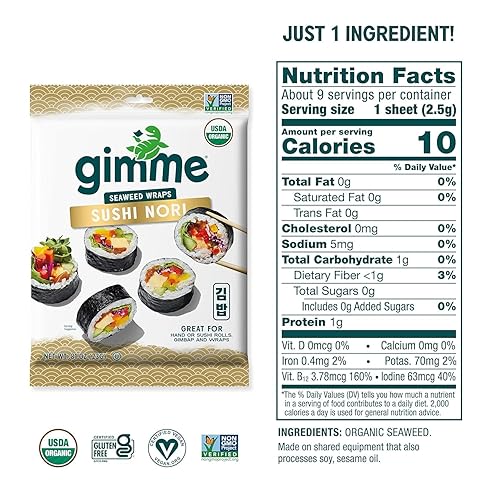 Vista 2 de Gimme Seaweed Sushi Nori Premium - Hojas de algas tostadas orgánicas, keto, vegano, sin gluten, hojas de sushi nori estilo restaurante, 0.81 onzas