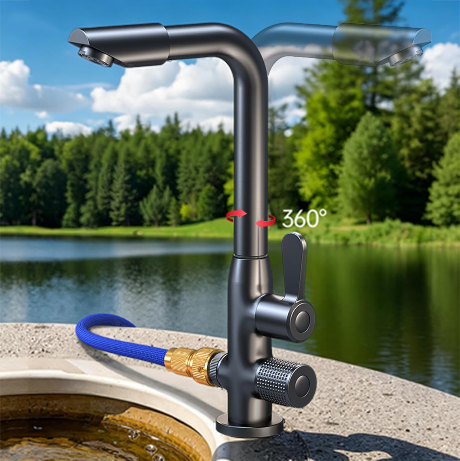 Grifo Exterior Doble Salida Giratorio 360° 1/2 conector Manguera Grifo Fregadero Exterior Solo Agua Fria Instalación De Un Solo Orificio,Gris Pistola