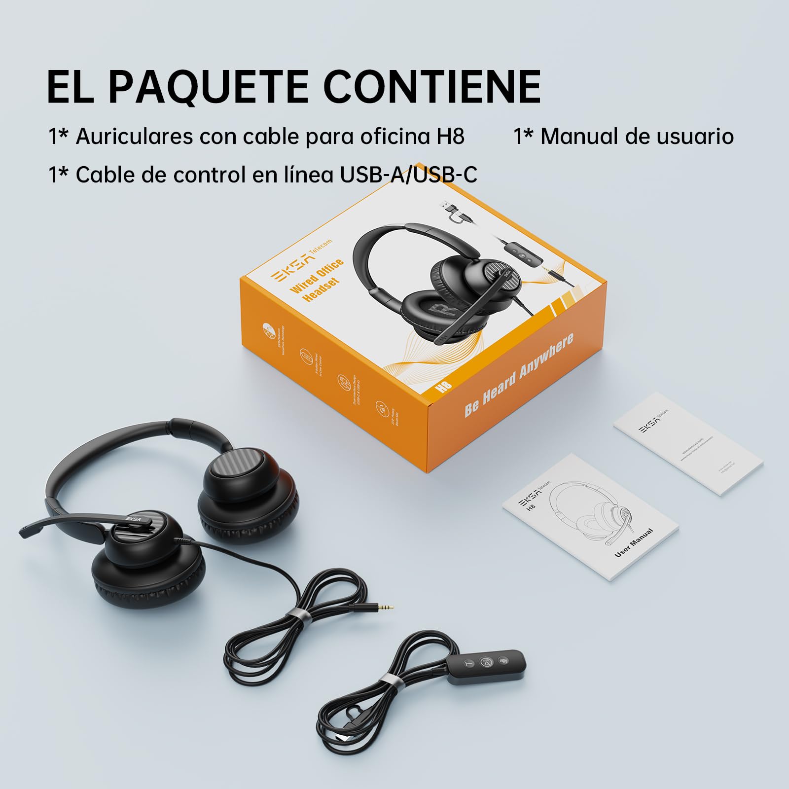 EKSA H8 Auriculares USB con micrófono,Cascos con Microfono Cancelación de Ruido,Controles en Línea, Auriculares con Cable 3.5mm/USB A+C para Centro de Llamadas/Oficina/Zoom