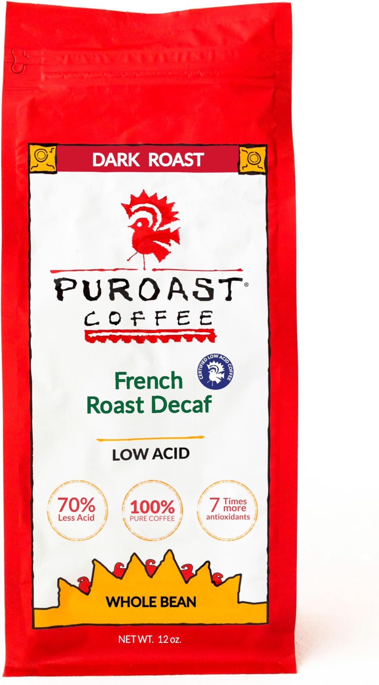 Puroast Low Acid Coffee Decaf Whole Bean | Decaf French Roast Whole Bean | Dark Roast | High Antioxidants & High pH |No Bitter Aftertaste | Reduced Heartburn & GERD | Suitable for Cold Brew - 2.2 LB