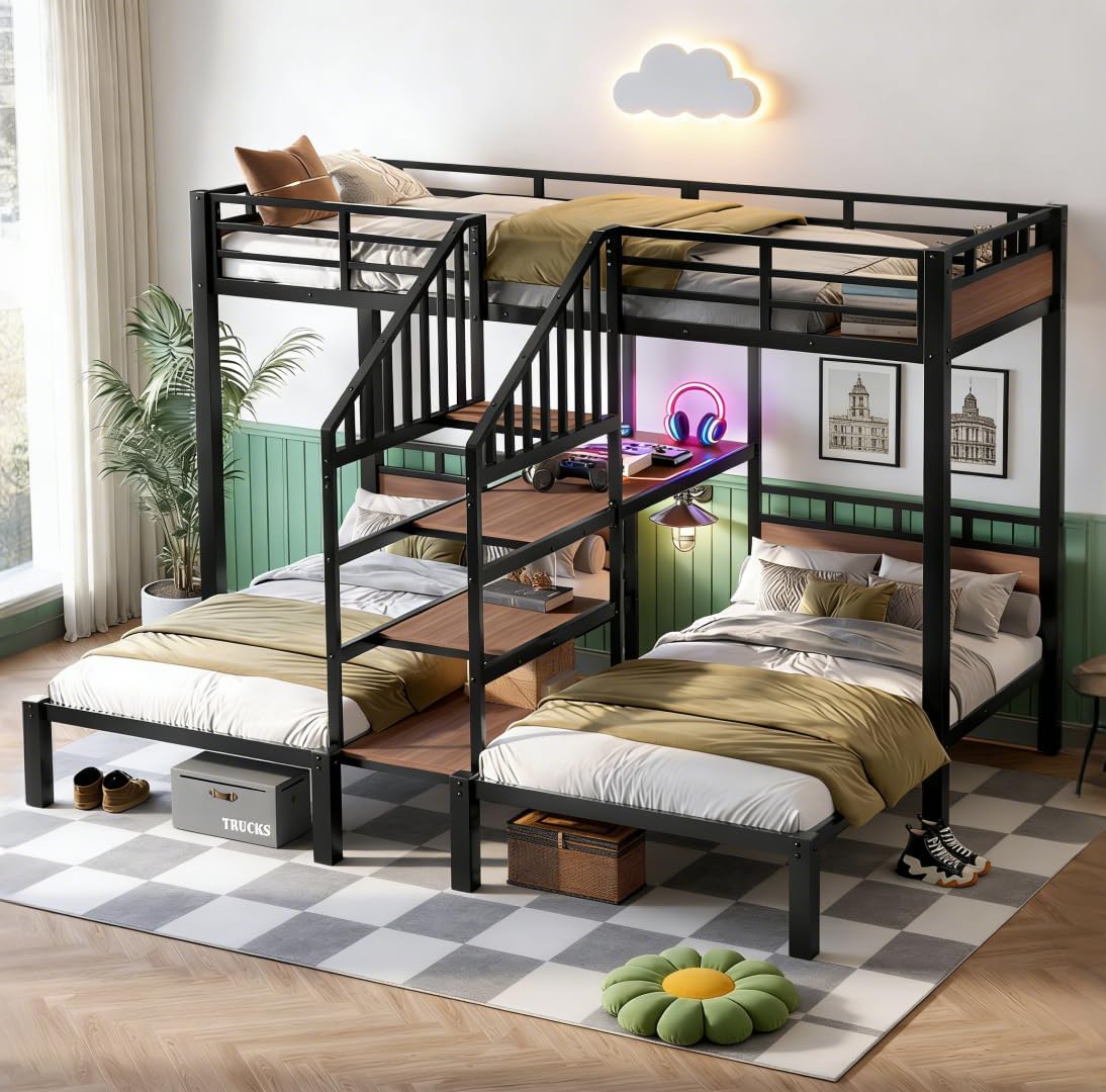 Bellemave Twin Triple Bunk Bed with Storage Shelves and Storage Stairs, Metal Twin Bunk Beds for 3, 3 bunk Bed for Kids, Adults（Heavy Metal, Black）