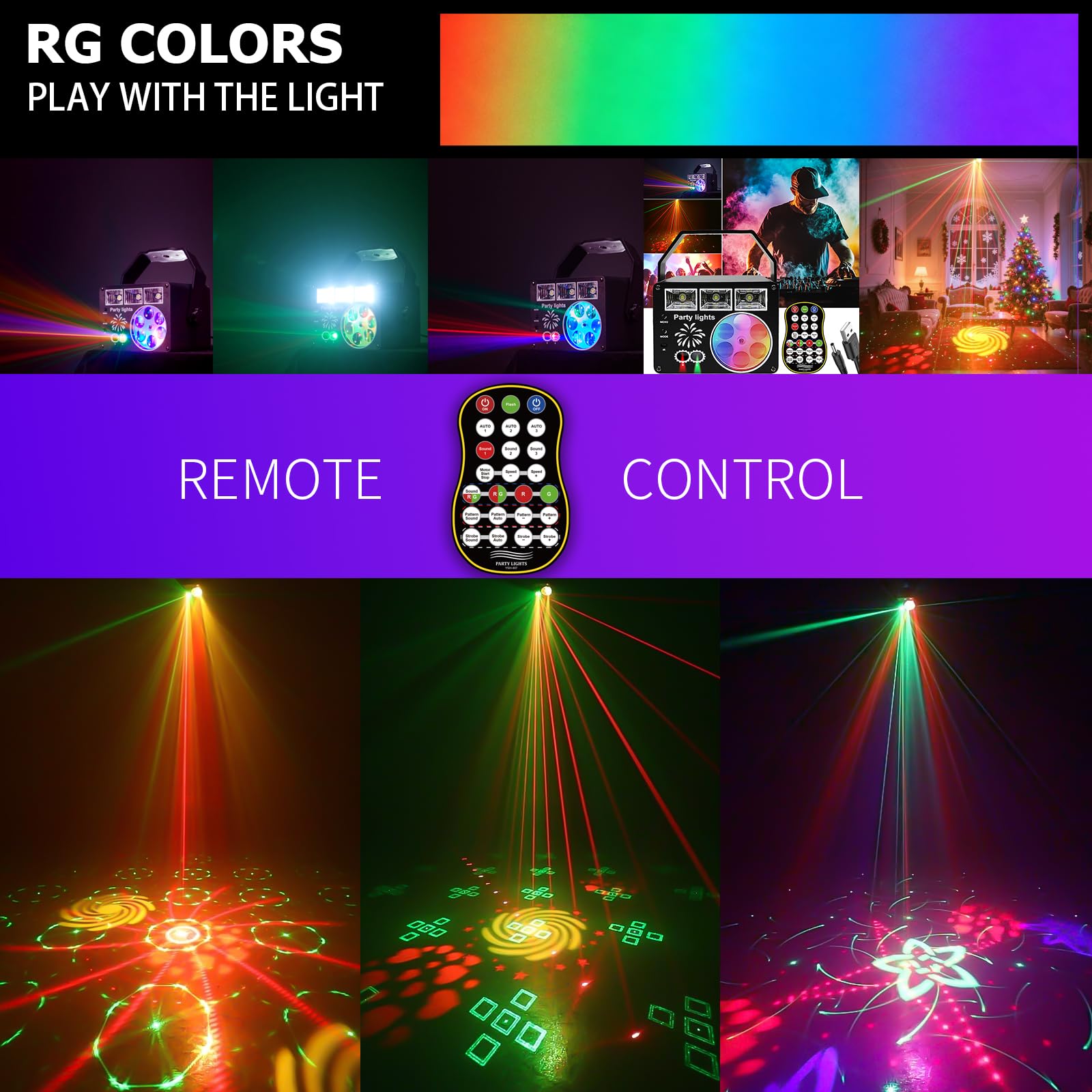 Luces de escenario con haz amarillo y verde, 3 efectos estroboscópicos blancos y patrones LED RGBYW, sincronización de música activada por sonido, control remoto para fiestas de DJ, clubes