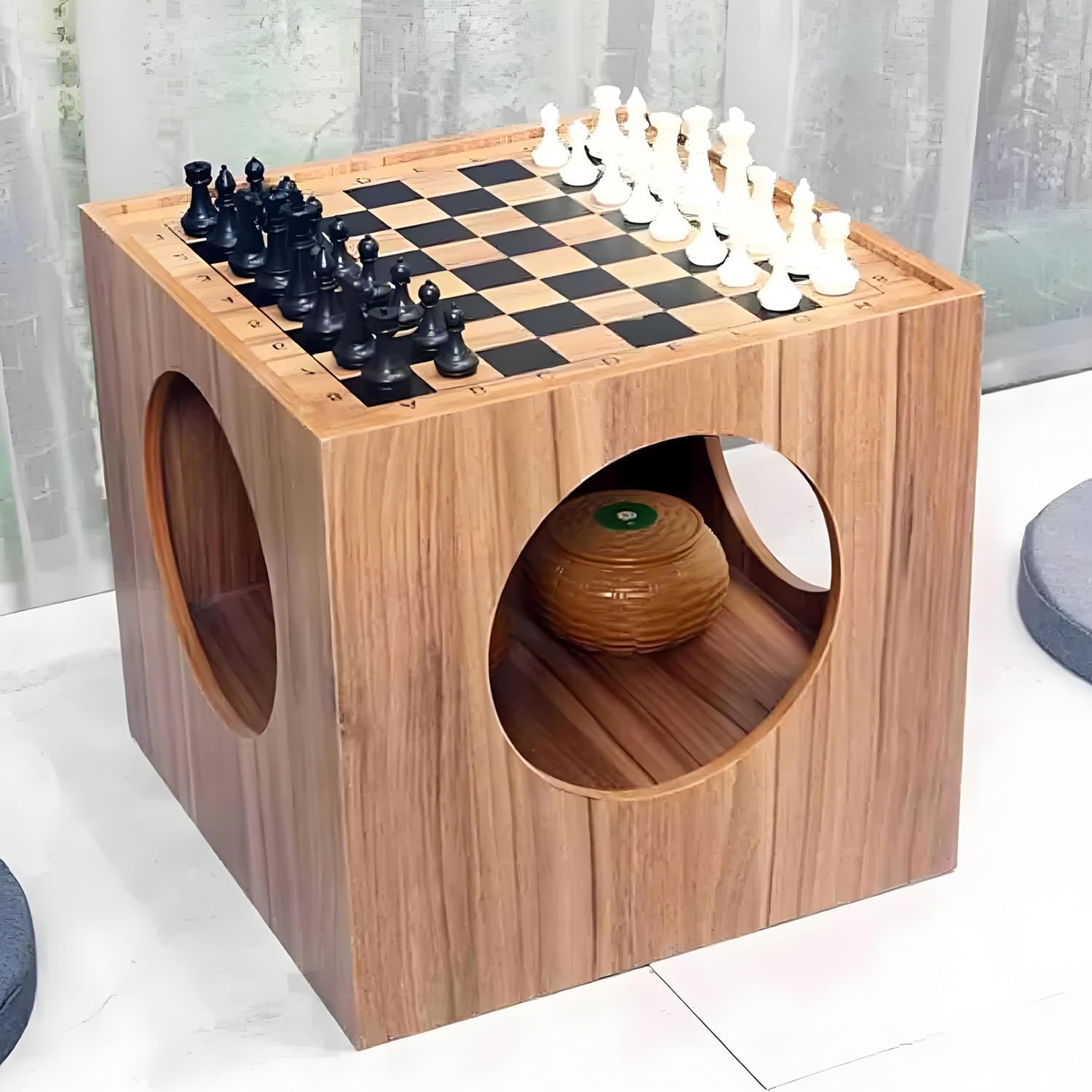 Stolik Szachowy,Mały Stolik Kawowy,Stolik Kawowy Szachownicą,Zestaw 2 W 1 (Stolik Gry Szachy Go),Zagłębiona Plansza Średnicy 24 Cm,Do Użytku Domowego,Kawiarni Lub 43x43x41cm